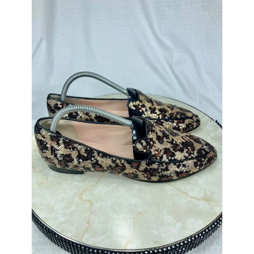 Kate Spade Sequin Leopard Print Loafers Womens 9.5 Gold Black Evening Party Flat